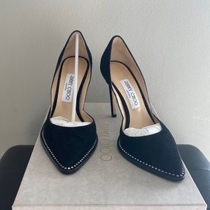 JIMMY CHOO
BABETTE 100 WOMENS SUEDE EMBELLISHED D'ORSAY HEELS